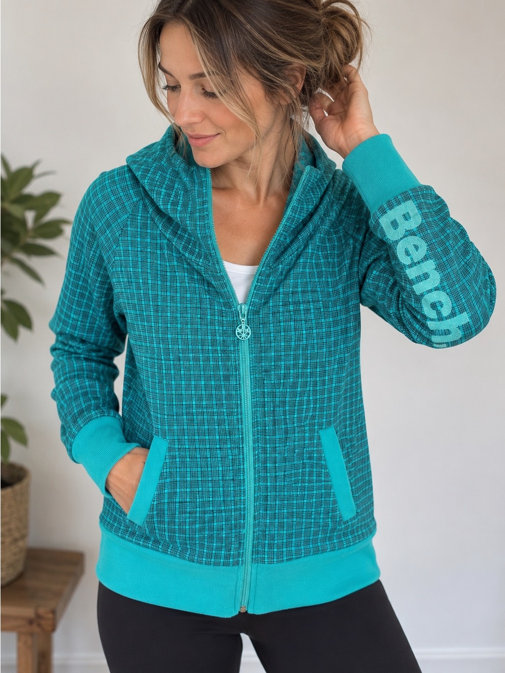 Bench Teal Grid-Pattern Zip Hoodie with Logo Sleeve